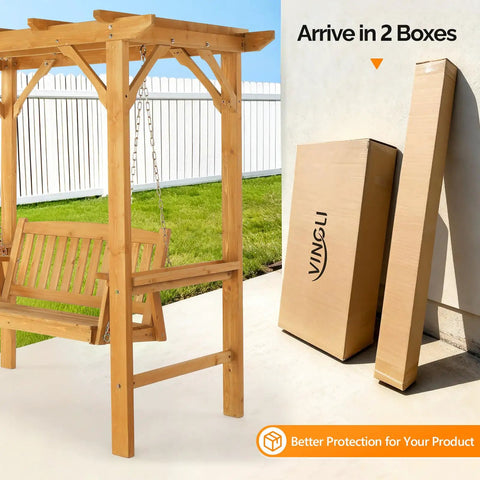 4 Ft Heavy Duty Wooden Porch Swing With Stand For Outdoor Patio And Garden Waterproof Archway Swing Set Weatherproof Outdoor Swing Chair With Frame For Yard And Backyard Relaxation showing product packaging and frame.