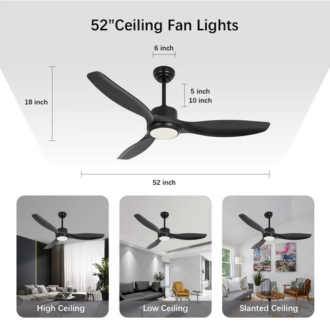 Black Boss 52 Inch Ceiling Fan With Remote And Light Dimmable 22W LED Light DC Motor 6 Speed for various ceiling types.