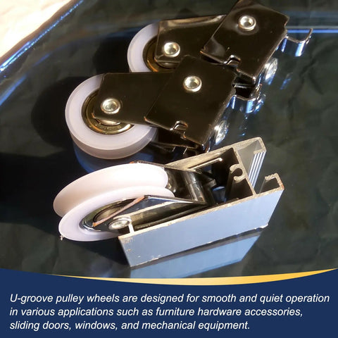 Pro Grade White Roller Idler Bearing Pulleys For Smooth Rolling Sliding Doors Heavy Duty Plastic Shells With Sealed Steel Bearings 4 Pack close-up of U-groove pulleys with thermoplastic shells.