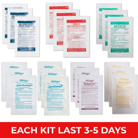 Travel RX Medicine Kit Bulk Travel Kit With Individually Wrapped Medications shown with various packets against a white background