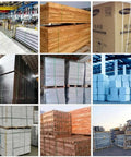 Various stacked pallets of wood, plastic sheets, and cardboard boxes in a warehouse, showcasing materials for construction and shipping.