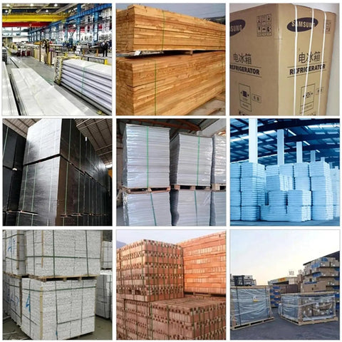 Various stacked pallets of wood, plastic sheets, and cardboard boxes in a warehouse, showcasing materials for construction and shipping.