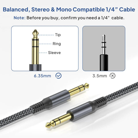 Rugged Quarter Inch TRS Guitar Cable 10ft 2-Pack Straight 6.35mm Instrument Cord For Electric Guitar Bass Keyboard Amp Speaker shown with tip, ring, sleeve details