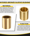 3 Pack Sleeve Bearings With 25mm Bore 30mm OD And 25mm Length Self Lubricating Sintered Bronze Bushings For Heavy Duty Use, Wide Temperature Range, Low Friction, And Smooth Quiet Operation. Bronze sleeve bearing shown with material and function details.