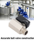Rock Solid Mini Brass Ball Valve Featuring Dn8 G One Quarter Male And Female Threaded Pipe Connections For Smooth Plumbing Jobs Built Tough With Anti Rust Plating For Years Of Flawless Performance In A Money Saving Duo Pack, with a black handle and male threaded connection.