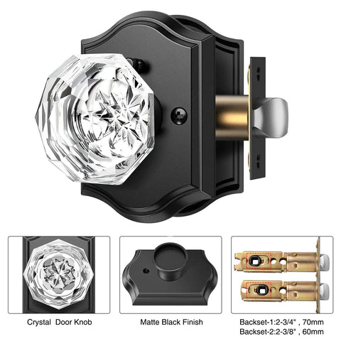 Dope Matte Black Diamond Crystal Door Knobs With Lock For Bedroom And Bathroom Privacy Glass Door Hardware For Interior Doors Easy Install Modern Glass Door Handles with octagonal design and adjustable latch.