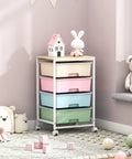 Rolling Storage Cart With Four Large Drawers And Wooden Top, Durable Powder-Coated Mobile Utility Cart On Wheels, Rainbow Finish, in a nursery.
