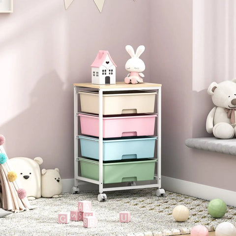 Rolling Storage Cart With Four Large Drawers And Wooden Top, Durable Powder-Coated Mobile Utility Cart On Wheels, Rainbow Finish, in a nursery.