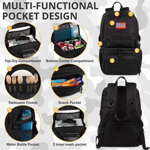 Dual Deck Insulated Cooler Backpack For Men With 2 In 1 Bottom Cooler And Dry Top Compartment, Big Capacity Lunch Bag pockets