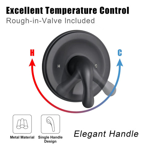 Matte Black Tub And Shower Faucet Combo With Dual Shower System, temperature control knob, metal handle, pressure balancing valve