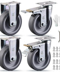 Heavy Duty Five Inch Caster Wheels Set Of Four With Dual Lock Brakes Built Tough TPR Rubber Industrial Casters for rolling carts and workbenches.