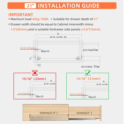 Installation guide for 21-inch bottom mount soft close drawer slides with full extension concealed rails and brackets.