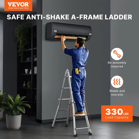 9.5 Foot Telescoping Aluminum Ladder A Frame Grab And Go Portable Extension Ladder For Home Roof Stairs Indoor And Outdoor Use 330 Pound Load Capacity No Assembly Required Lightweight And Easy to Carry, man cleaning wall AC indoors