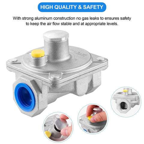 Gas pressure regulator for LPG/NG grills, metal body with yellow adjustment knob and blue 3/4 in FNPT inlet