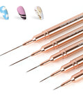 Gold Metallic Nail Art Pens And Liner Brush Set 5Pcs Premium Pro Grade Nail Tools With Easy Grip Handles And Copper Ferrules 5Mm 8Mm 12Mm 20Mm 25Mm For Dope Detailing And High Impact Designs, showing copper handles and fine tips.
