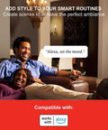 Couple relaxing under chandelier lit by E12 Smart Bulbs 45W Equivalent 4 Pack For Chandeliers Warm White LED Alexa Auto Pairing No Hub Needed Dimmable Candelabra Bulbs Works With Alexa For Quick Hands Free Lighting.