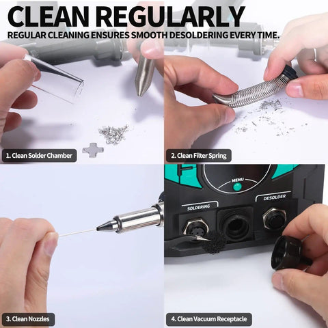 Cleaning steps for Pro Grade 110W EVO Soldering Station And Desoldering Kit showing chamber, filter spring, nozzles, vacuum receptacle.