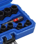 Close-up of 14Pcs Nut Remover Extractor Kit For Damaged Bolts And Rusty Nuts 3/8in Hex Socket Set in a blue storage box