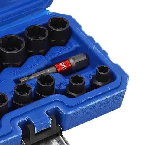 Close-up of 14Pcs Nut Remover Extractor Kit For Damaged Bolts And Rusty Nuts 3/8in Hex Socket Set in a blue storage box