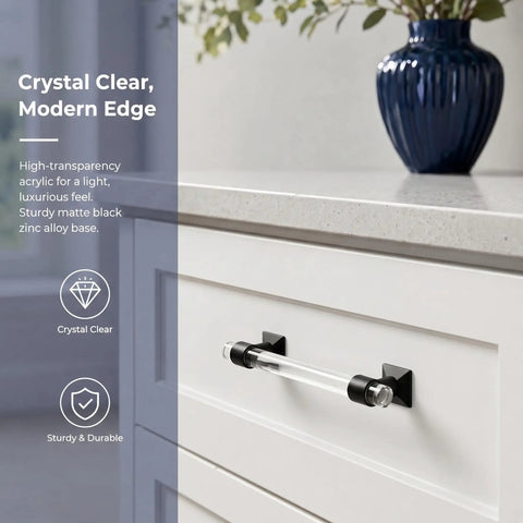 Close-up of 10 Pack 3.75 Inch Center To Center Cabinet Pulls Round Tube Acrylic Black Modern Drawer Handles on white cabinet.