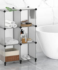 Six Cube Storage Organizer In Light Grey with sturdy plastic cubes and metal frame, modular shelf system for bathroom essentials.