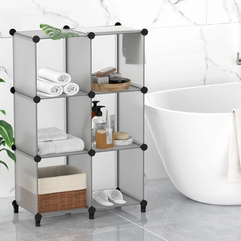 Six Cube Storage Organizer In Light Grey with sturdy plastic cubes and metal frame, modular shelf system for bathroom essentials.