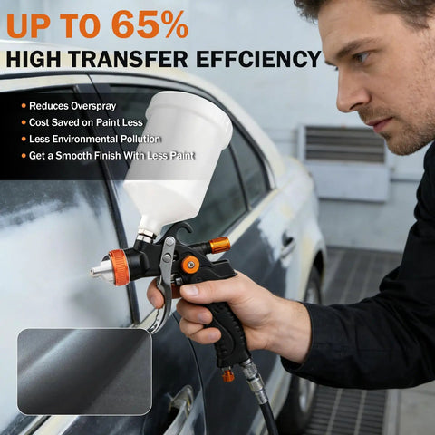 Pro Level HVLP Paint Spray Gun Kit With Live Pressure Gauge And Precision Brass Tips For Slick Smooth Finish Zero Overspray Efficient Atomization Makes Touch Ups A Breeze For Garage Or Home Projects in use.
