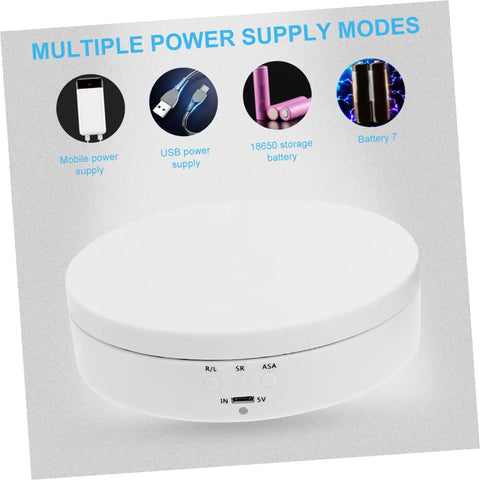 Romisbaba Electric Rotating Jewelry Display Stand For Bracelets Watches With Motorized Turntable and Cool LED Lighting showing multiple power supply options.