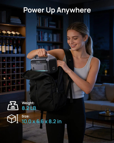 Person placing High Capacity 288Wh LiFePO4 Portable Power Station With 350W Continuous Output in a backpack