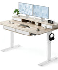 Light Rustic Brown Standing Electric Desk with Drawers, 55 X30 Inch Height Adjustable Sit Stand Workstation With Memory Presets For Home Office with monitors and accessories.