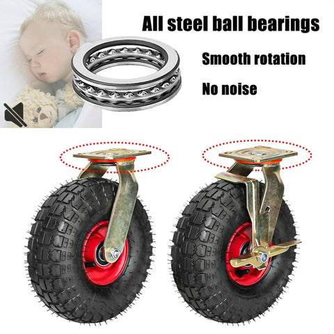 Heavy Duty Air Floating Caster Wheels For Industrial Carts Roll Dead Quiet Shut Out Vibration Rubber Coated Galvanized Steel Base One Touch Lock Brake Smooth Moving Rig showcasing large rubber tires and steel ball bearings.
