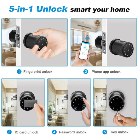 Smart Door Knob Biometric Lock With Keypad And App Control Keyless Entry For Your Pad Home Office Apartment Hotel And More Fingerprint Passcode IC Card And Mechanical Key Easy Install Black shown with multiple unlock methods