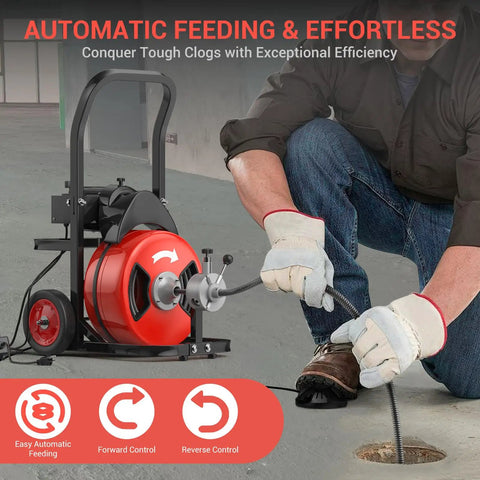 Heavy Duty 100Ft Electric Drain Auger With 750W Auto Feed Steel Core Cable in use for pipe cleaning.
