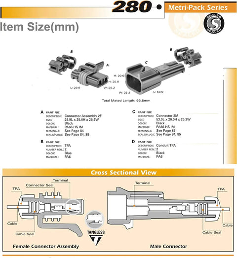 Diagram of Metri Pack 280 Series 2 Way Waterproof Connector Kit with 10 12 AWG terminals, showing size and cross-sectional view.