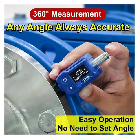 Handheld Tough As Nails And Ridiculously Lightweight DC Impact Device Leeb Hardness Tester measuring metal in confined space.