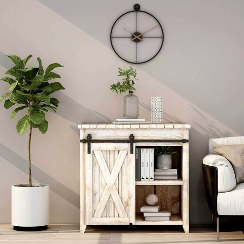 Living room with white wooden cabinet featuring 4Ft Sliding Barn Door Hardware Kit For Cabinets And Closets Single Door Track Set.