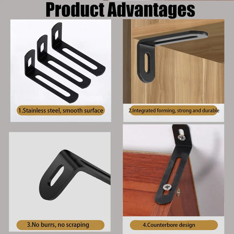 Heavy Duty Black L Brackets For Garage Shelving Rock Solid Adjustable Right Angle Corner Fasteners With Complete Screw Set Killer Strength Corner Brace Support 10 Pack with smooth, stainless steel surface.
