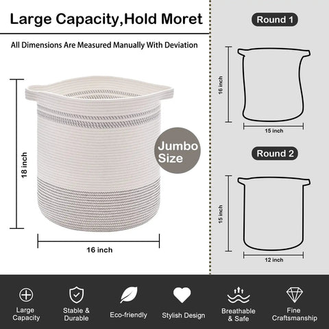 Large Rope Laundry Basket With Handles, Modern Woven Storage Bin In Light Gray, 18x16 Inches, size comparison chart shown