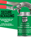 Close-up of Vinyl Cement 8 Oz Waterproof Pool Liner Repair Glue with pliers for secure packaging