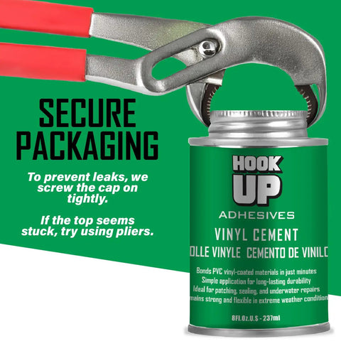 Close-up of Vinyl Cement 8 Oz Waterproof Pool Liner Repair Glue with pliers for secure packaging