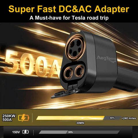 Badass Heavy Duty CCS1 And J1772 To NACS Adapter Built Tough For Tesla Model 3 Y S X Cybertruck close-up with fast charge specs.