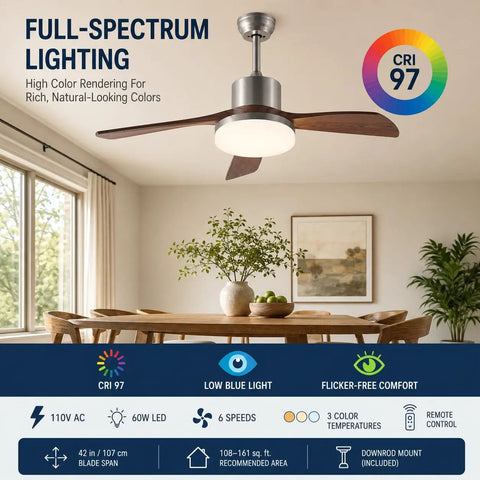 MADISH 42 Inch Ceiling Fan with Lights and Remote, Modern 3 Blade Ceiling Fan, 60W LED Full Spectrum CRI 97, 3 Color Temperatures, 6 Speeds, Wood Grain ABS Blades, 110V in living room with table and plants.
