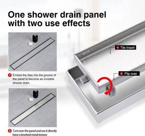 24 Inch Linear Shower Drain Kit With Invisible Tile Insert And Flat Cover, showing two use effects, AISI 304 steel