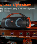 Extreme Boom Pro 100W Outdoor Speaker With Dual 40W Woofers And Dual 10W Tweeters showcasing synced light show in orange