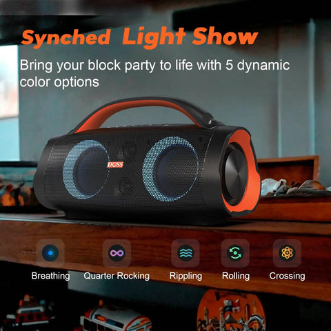 Extreme Boom Pro 100W Outdoor Speaker With Dual 40W Woofers And Dual 10W Tweeters showcasing synced light show in orange