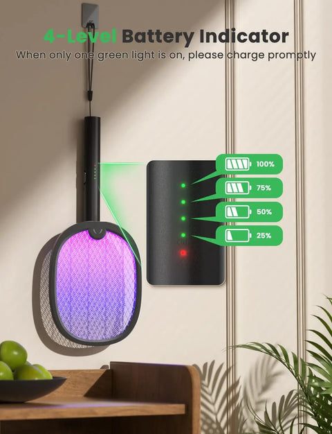 Foldable Electric Fly Swatter Racket 2 In 1 Mosquito Killer with purple light, 4-level battery indicator, wall-mounted charger