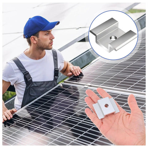 Man installing solar panels using Bulk 42 Pack Aluminum Solar Panel Mid Clamps For Mounting On Tin Roof Flat Roof And Sheet Roofs Silver Finish Heavy Duty Brackets Kit For Easy Solar Panel Installation