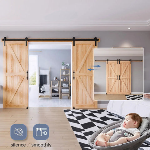 The Top Shelf Ten Foot Double Sliding Barn Door Track Hardware Kit With Heavy Duty J Pulleys And Rock Solid Ball Bearing Rollers For Buttery Smooth Glides And Quicker Setup, wooden doors in modern interior.