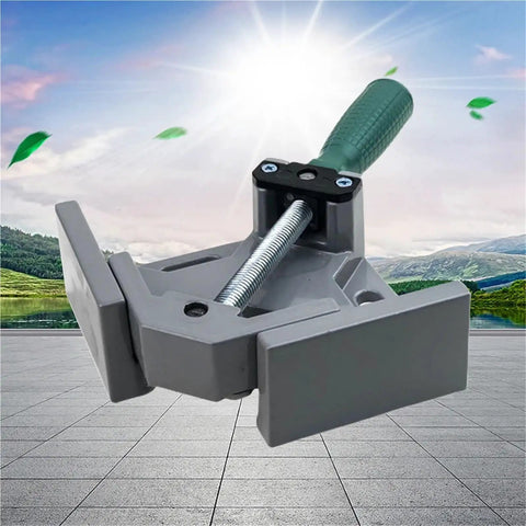 Heavy Duty Right Angle Clip Clamp Featuring Knockout Grip stays put for woodworking jigs, showing durable polymer body and screw mechanism.