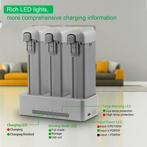 Rear view of 3 Way Charging Hub For DJI Avata 360 Drone 100W Fast Intelligent Battery Charger Station with LED indicators